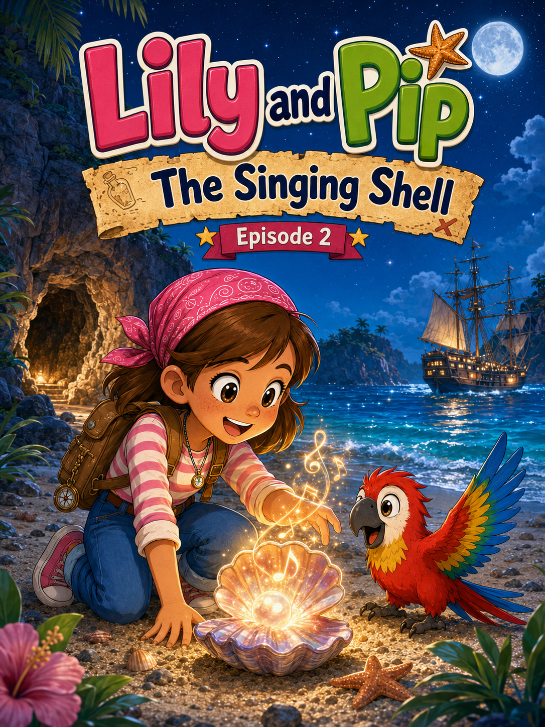 Lily and Pip discover a magical singing shell on the beach in episode 2 of a kids adventure comic cover