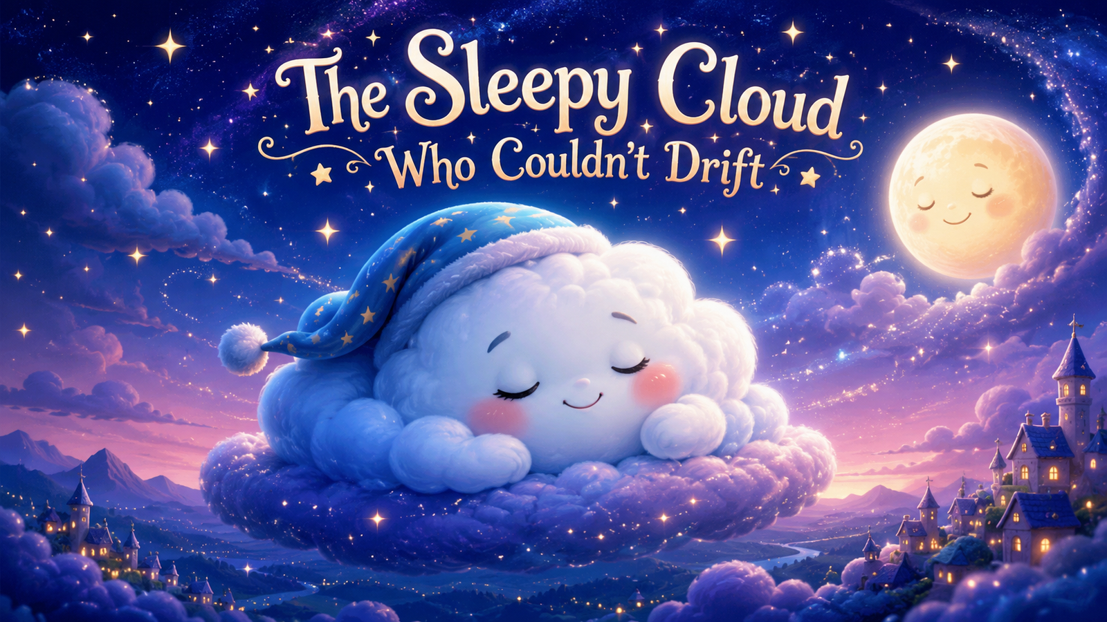 A sleepy smiling cloud floating across a magical starry night sky in a bedtime story for kids