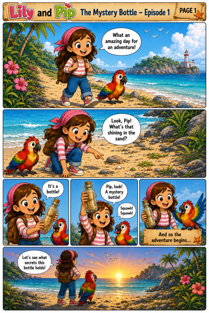 Lily and Pip find a mysterious bottle shining in the sand on page 1 of The Mystery Bottle comic