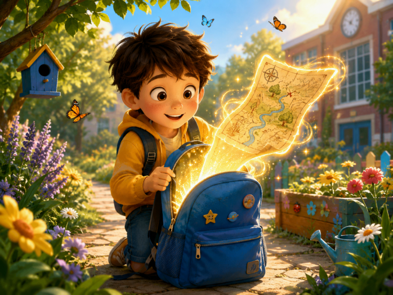 Milo discovering a magical blue backpack in a sunny school garden for a short story for kids
