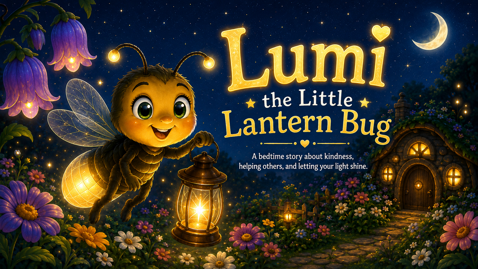 Lumi the little lantern bug glowing in a moonlit garden in a bedtime story about kindness for kids