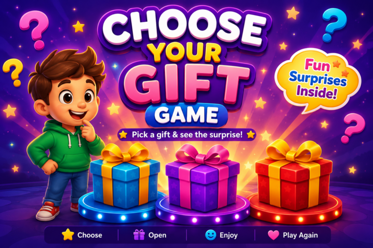 Choose Your Gift Game for Kids featuring Lily and Pip opening magical surprise gift boxes.