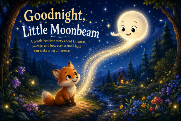 Little Moonbeam guiding a lost fox home in a gentle bedtime story for kids.