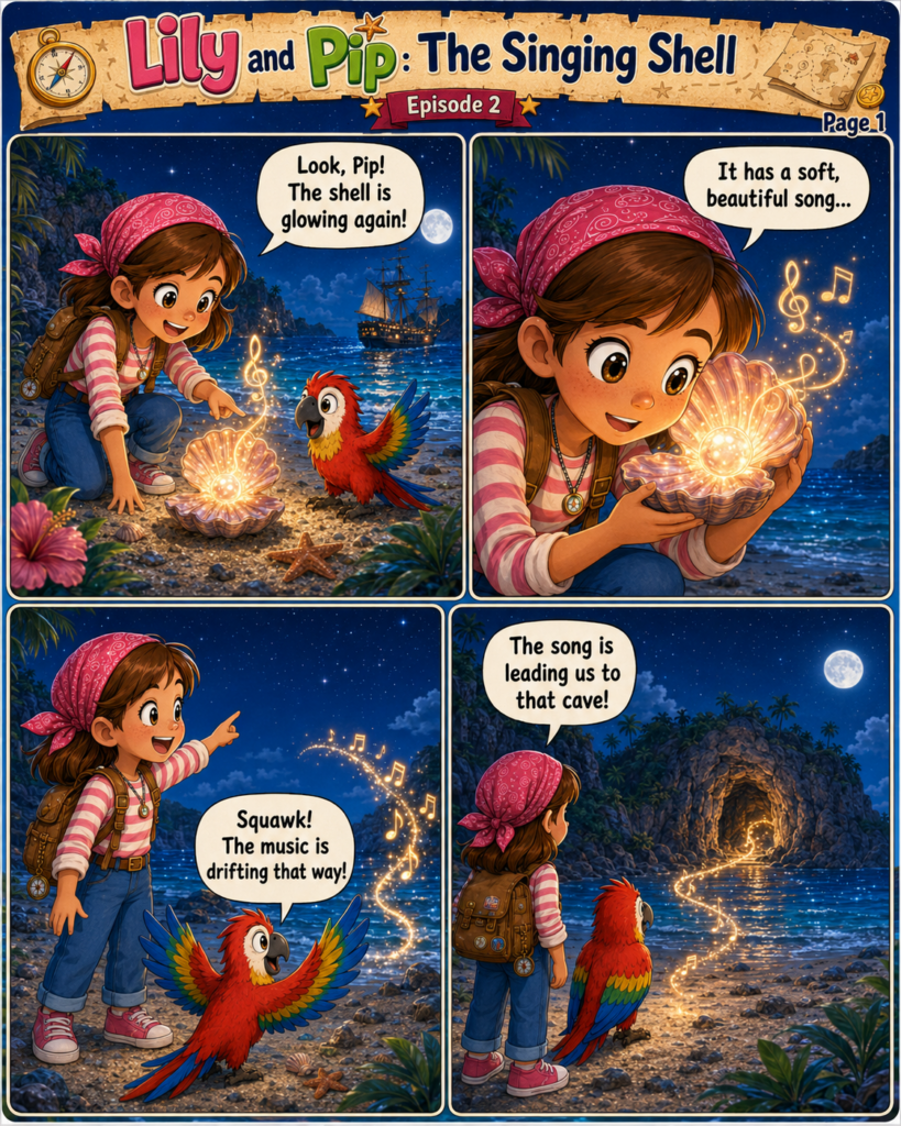 Lily and Pip discover that the glowing shell sings and follows the music toward a sea cave on page 1 of The Singing Shell comic