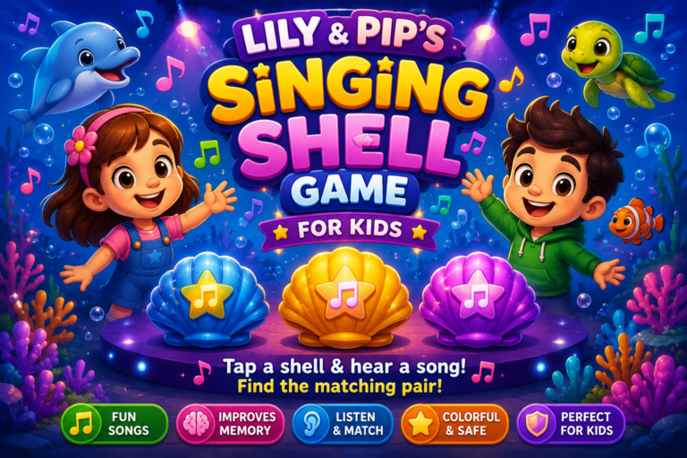 Lily and Pip’s Singing Shell Game for Kids featuring colorful musical shells in a fun underwater memory game for children.