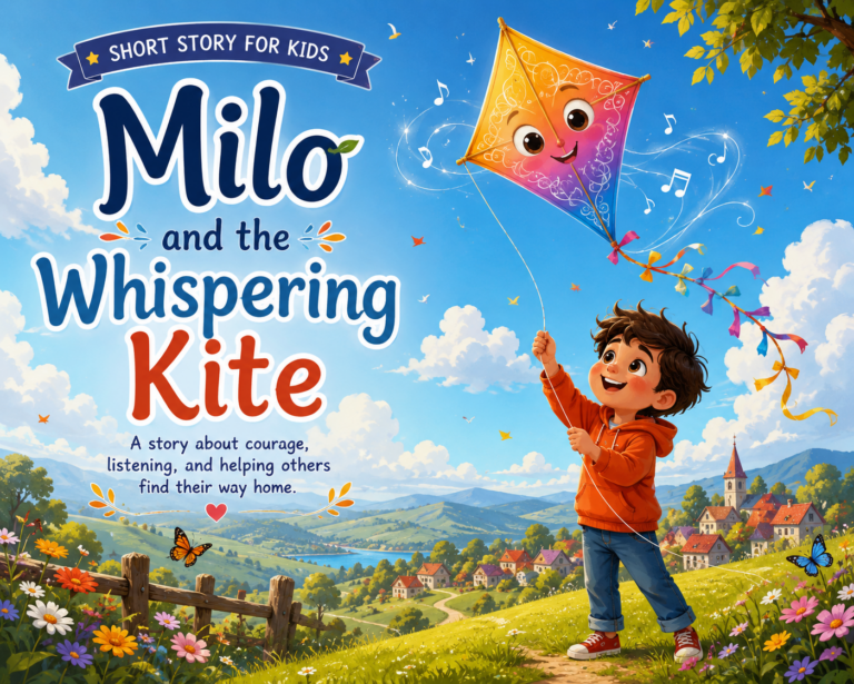 Milo flying a magical colorful kite in a sunny field in a short story for kids