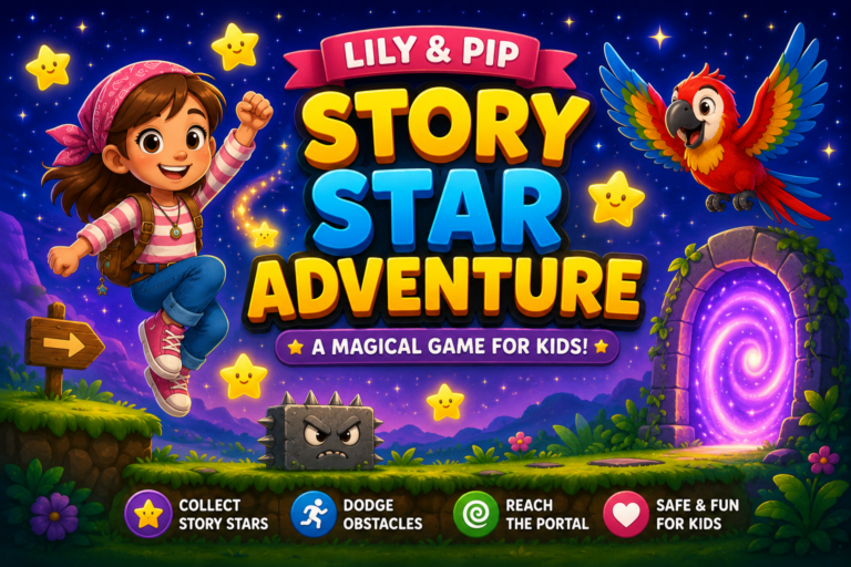 Story Star Adventure Game for Kids featuring Lily and Pip collecting magical story stars and reaching the magic portal.
