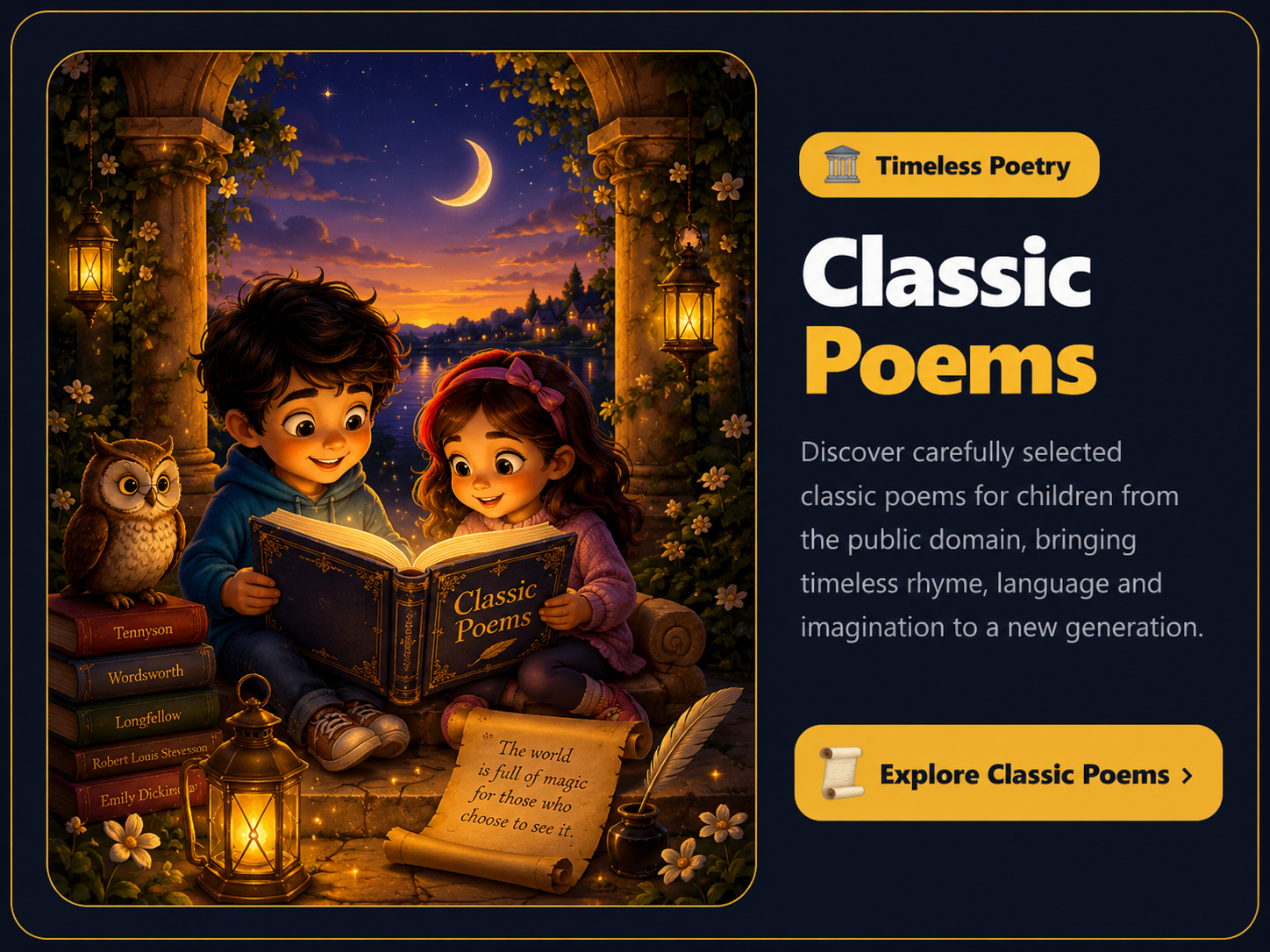 Classic poems for kids collection with children reading timeless poetry in a magical evening setting