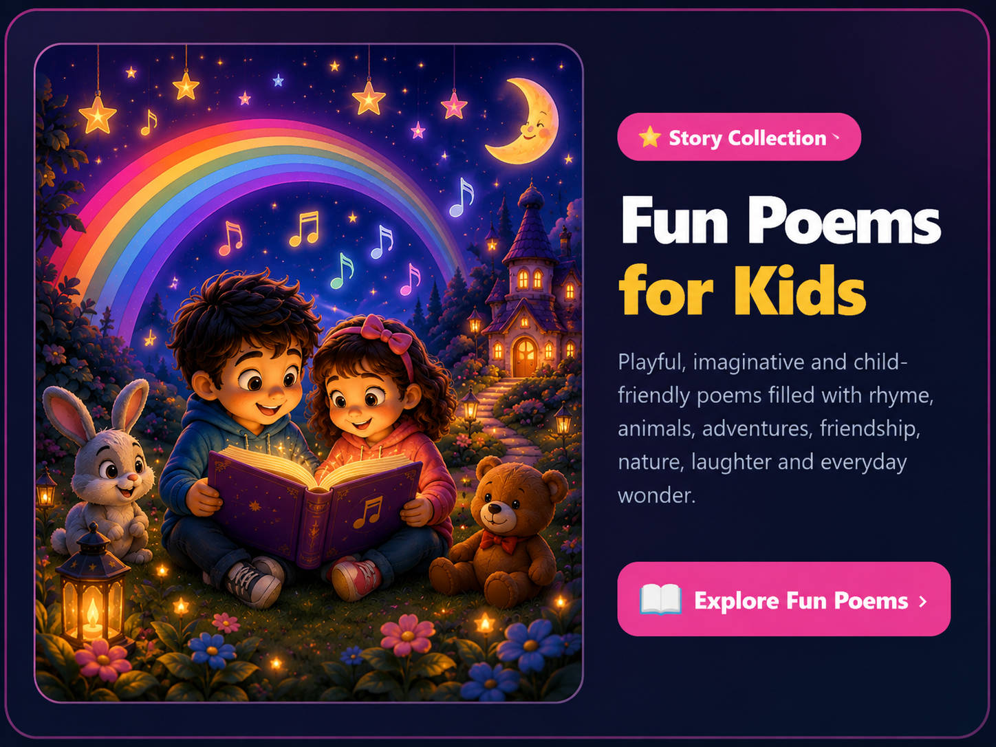 Fun poems for kids collection with children reading in a colorful magical poetry world