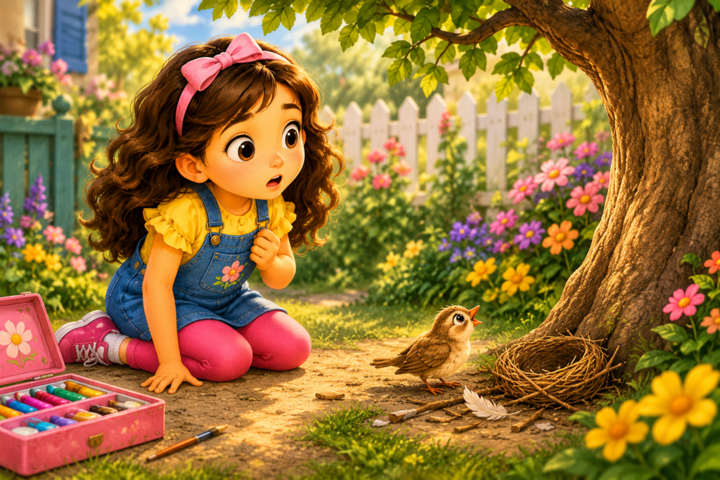 Mia discovers a little bird beside its broken nest under a tree in the garden.