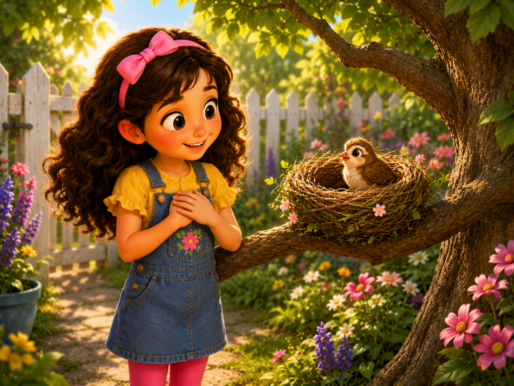 Mia smiles as the little bird rests safely in its new nest on a tree branch.