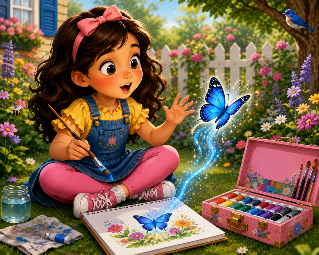 Mia watches in amazement as a magical blue butterfly comes alive from her painting.