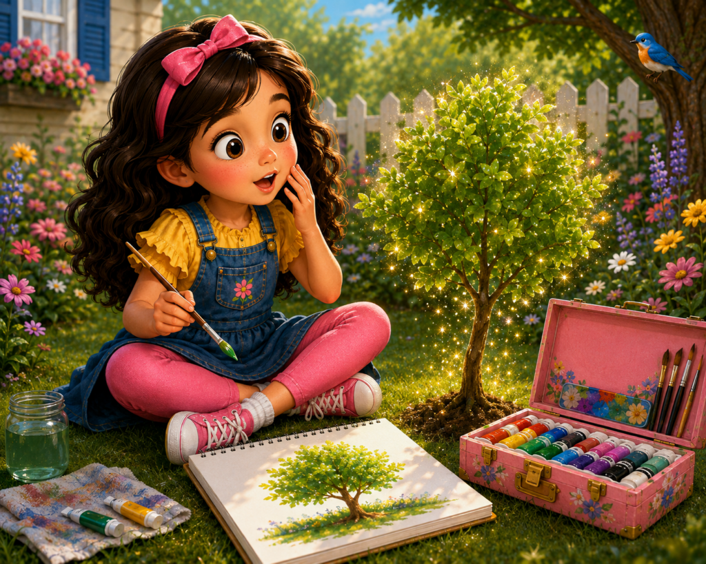 Mia watches in amazement as a magical little tree comes alive from her painting in the garden.