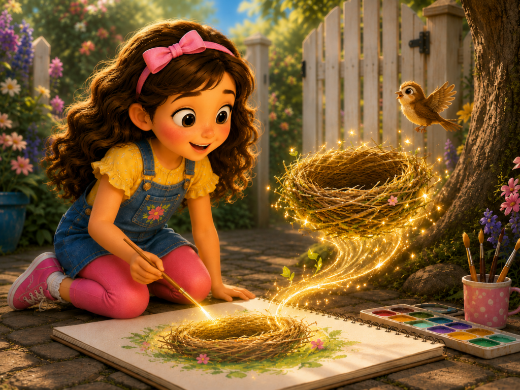 Mia uses her magical paintbrush to create a new nest for the little bird.