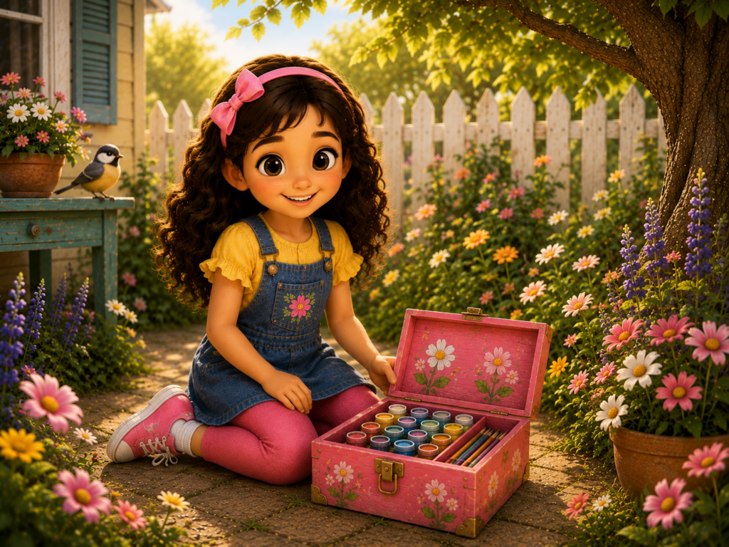 Magic story for kids featuring Mia painting in her colorful garden.