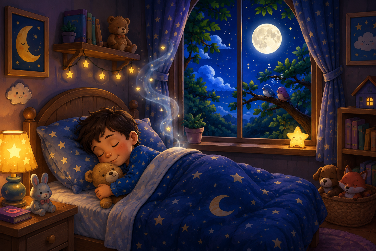 Cartoon child sleeping peacefully in a cozy moonlit bedroom