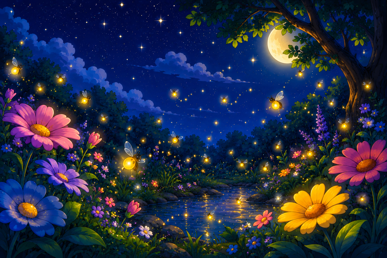 Magical cartoon garden filled with glowing fireflies beneath the moon