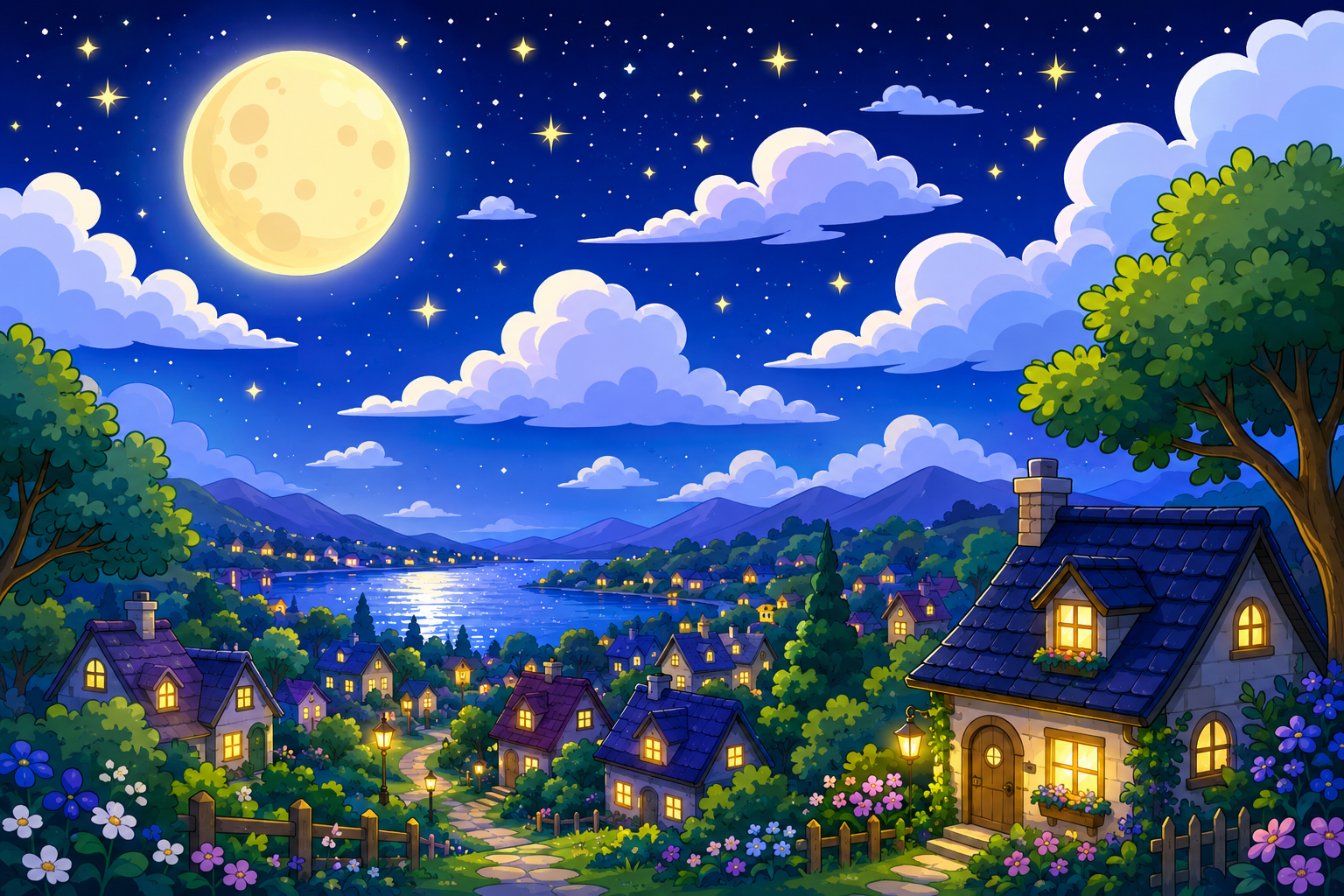 Animated poem for kids featuring a cartoon moonlit village under a glowing moon and starry sky