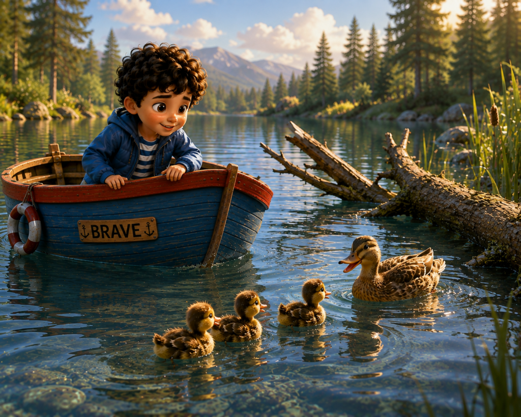 Oliver smiles from his little boat Brave as the mother duck reunites with her three ducklings.