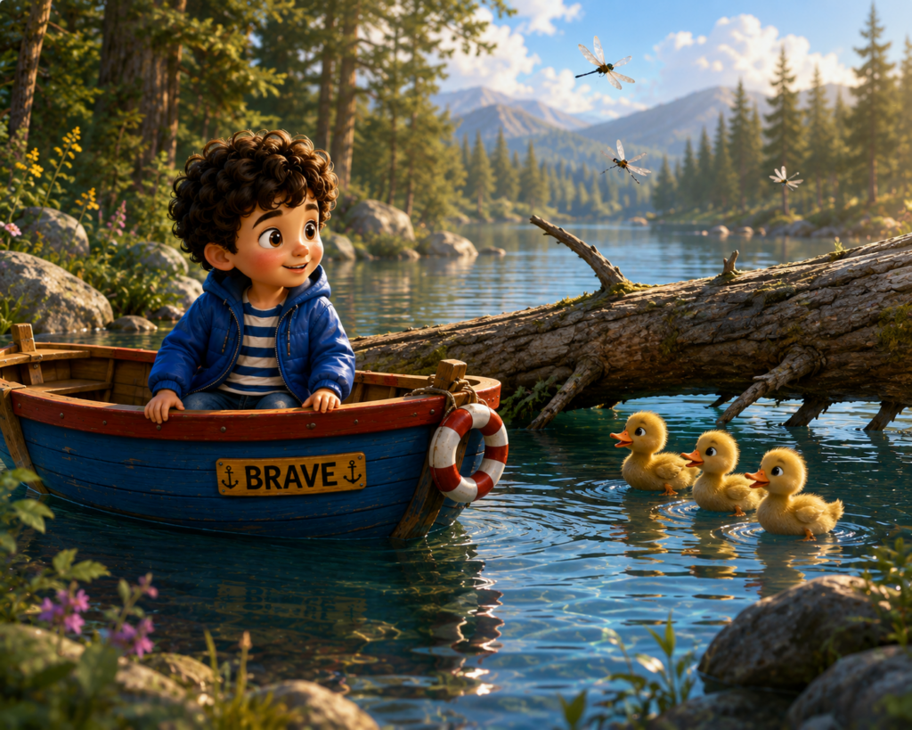 Oliver sees three frightened ducklings separated by a fallen tree branch on the peaceful lake.