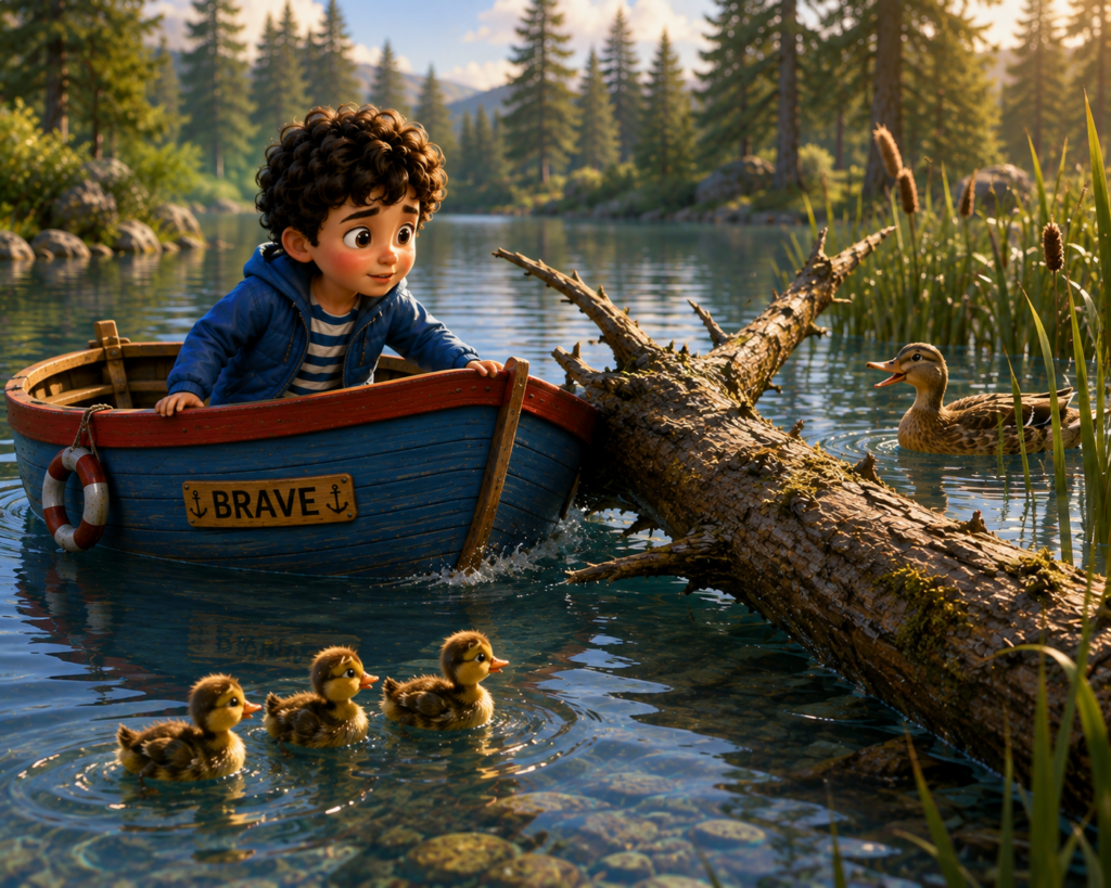 Oliver uses the side of his little boat Brave to gently move a fallen branch blocking the duck family.