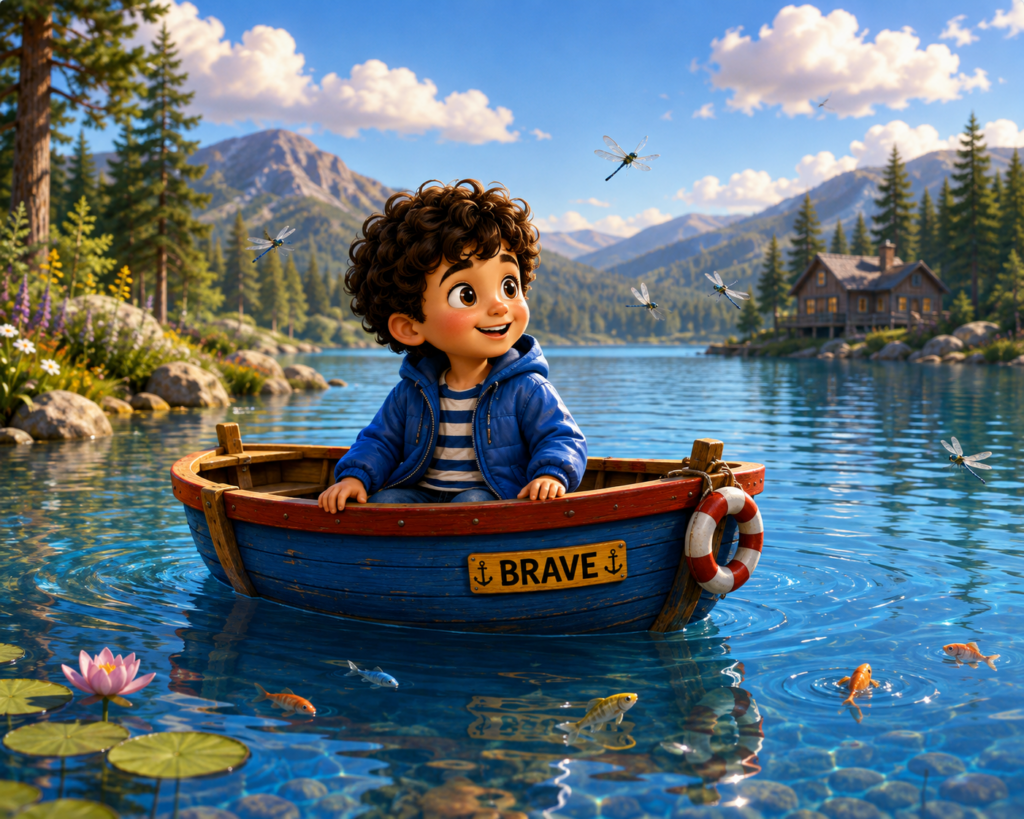 Oliver enjoys the peaceful lake in his little boat Brave as dragonflies fly above the sparkling water.