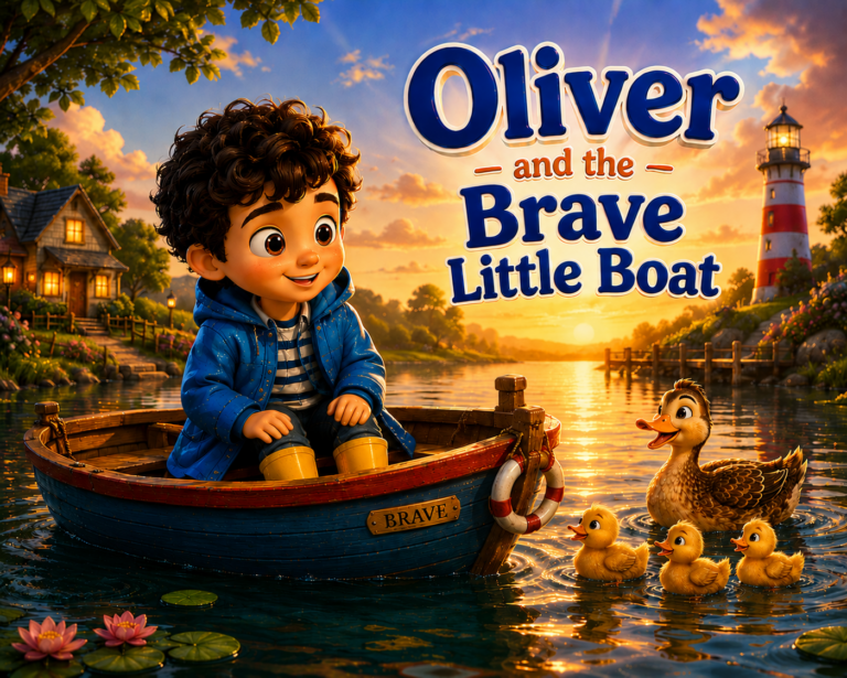 Oliver rows a brave little boat across a peaceful lake while a duck family swims beside him in this heartwarming children's short story cover.