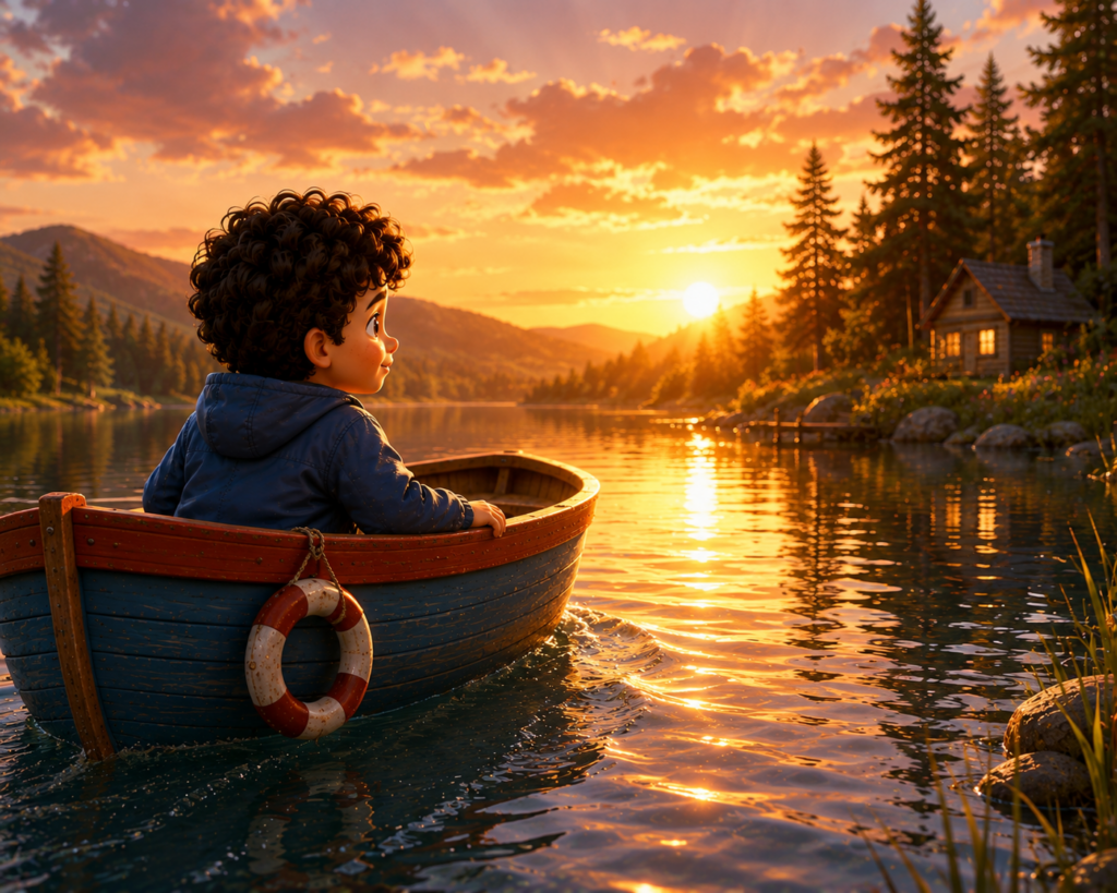 Oliver returns toward the shore in his little boat Brave as golden sunset light shines across the peaceful lake.