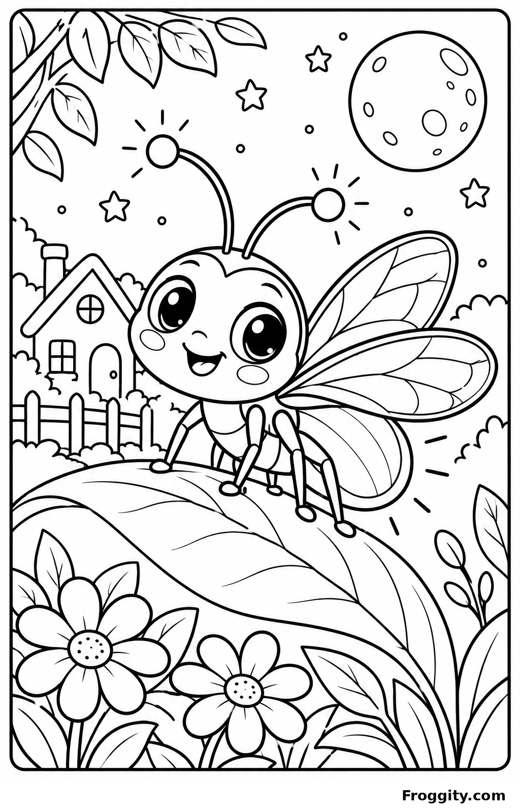 Cute lantern bug coloring page for kids in a garden with flowers and moon