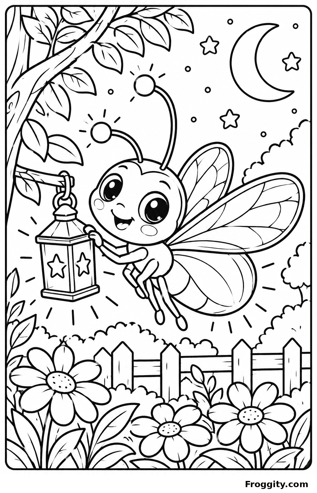 Cute lantern bug holding a lantern coloring page for kids