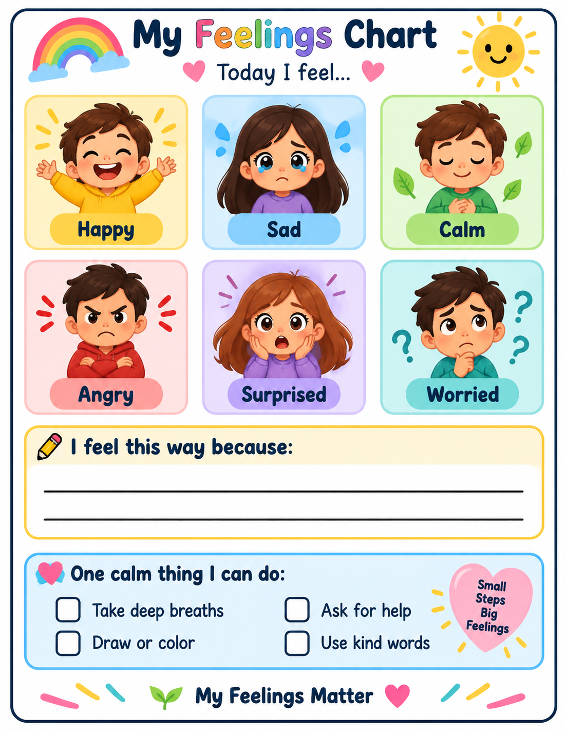 Feelings chart for kids printable with emotion faces and calming choices