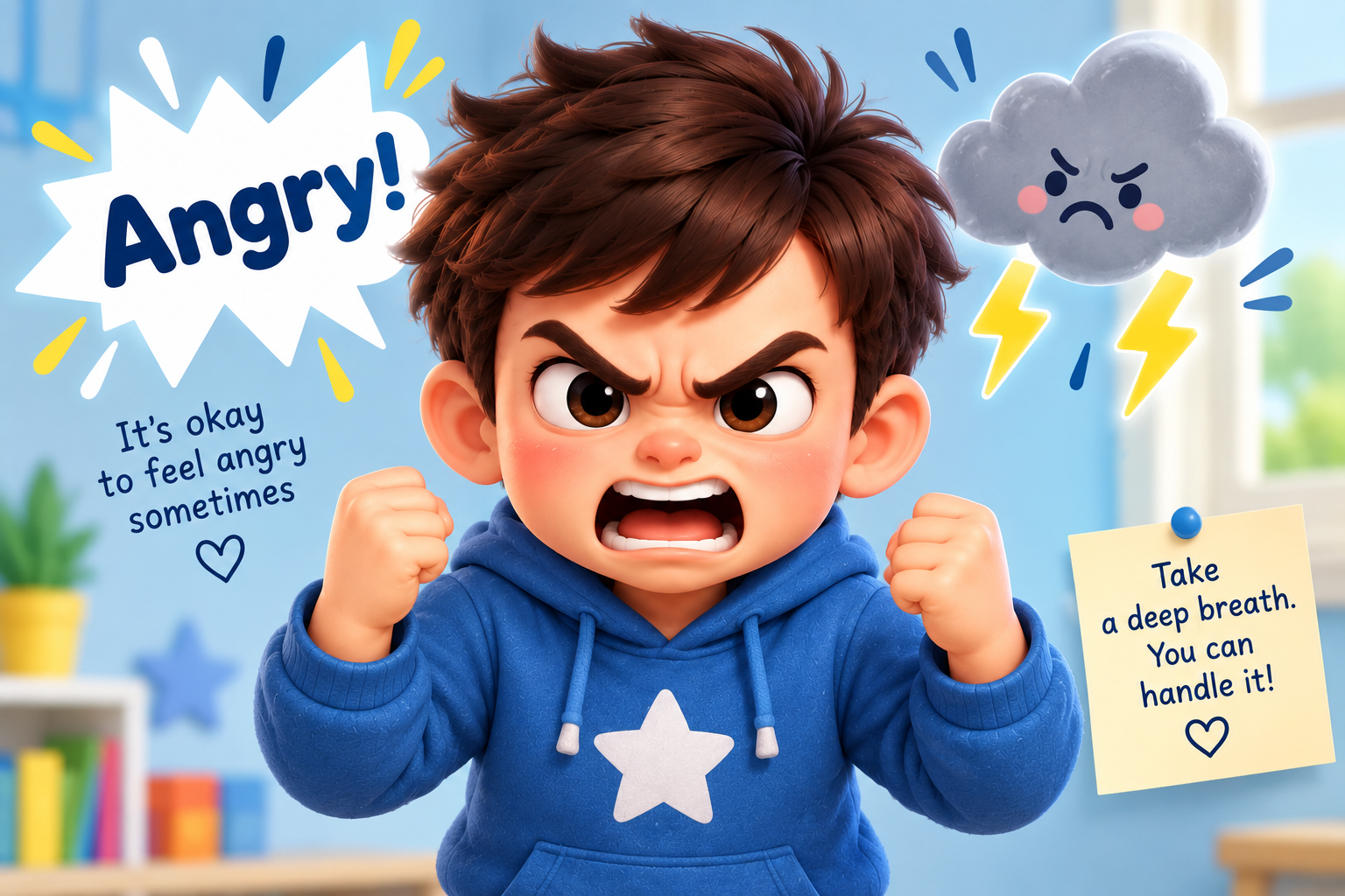 Angry feeling for kids with child showing anger