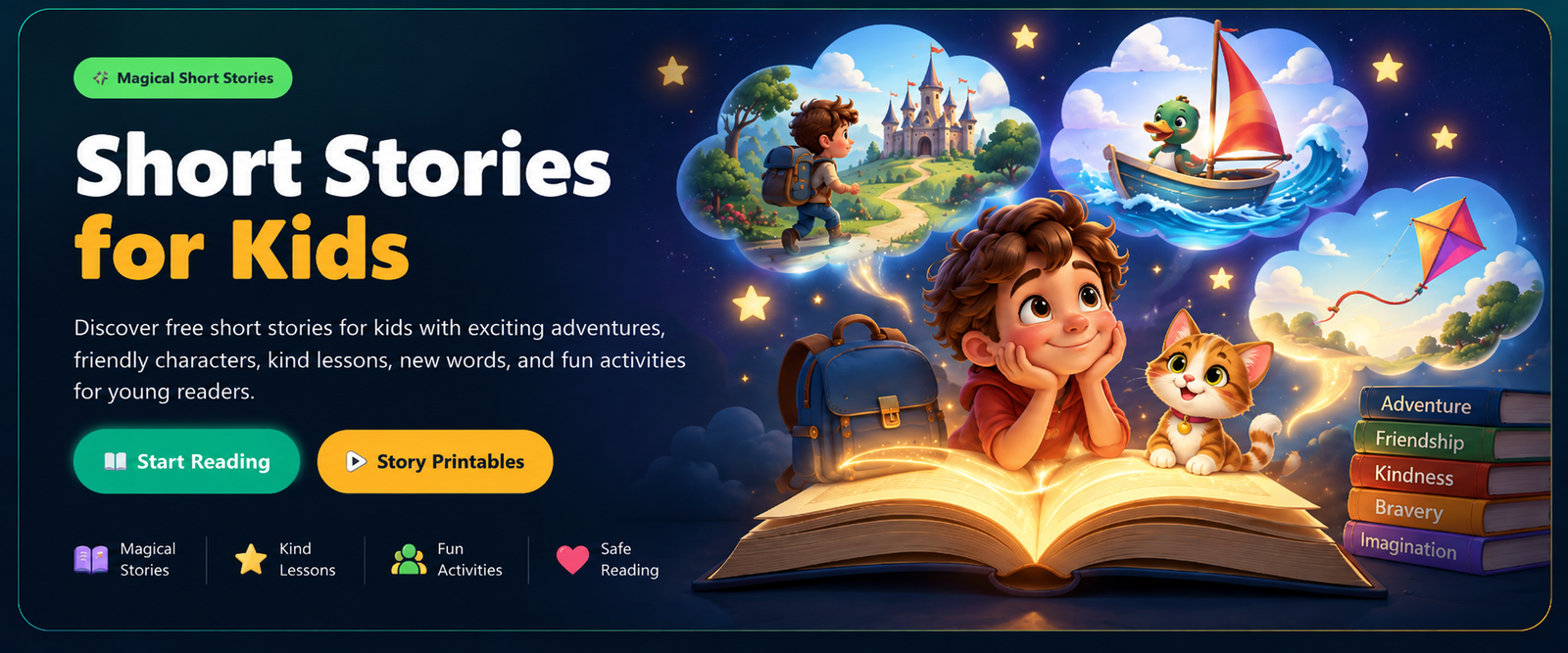 Free short stories for kids with magical adventures, a child reading with a curious kitten, a kite, a sailboat, and imaginative story scenes