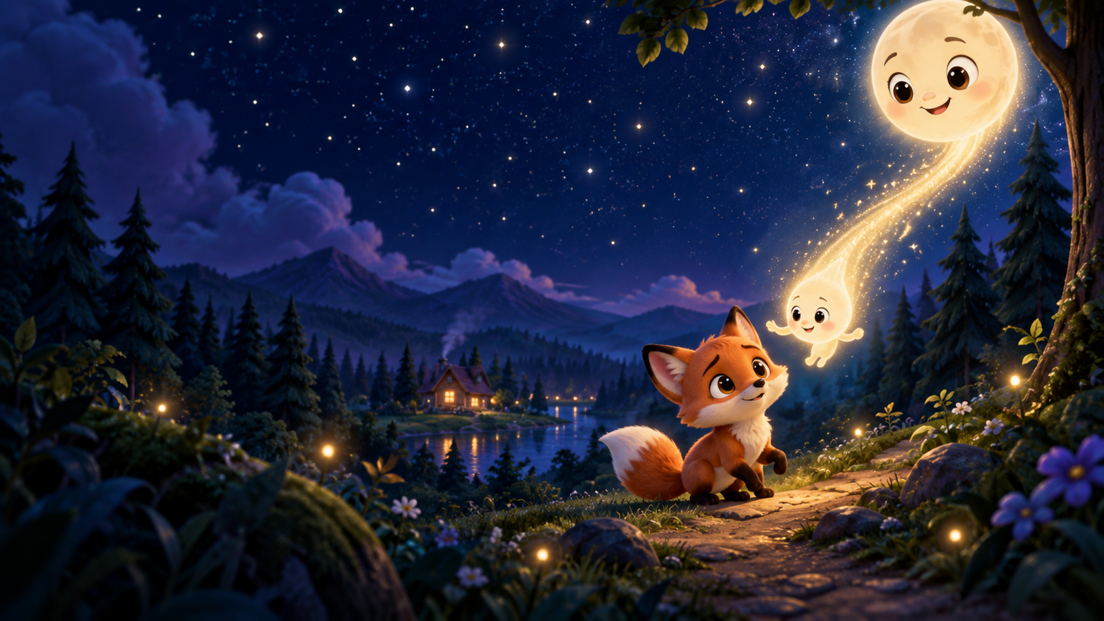 Gentle bedtime story for kids featuring Goodnight Little Moonbeam guiding a lost fox