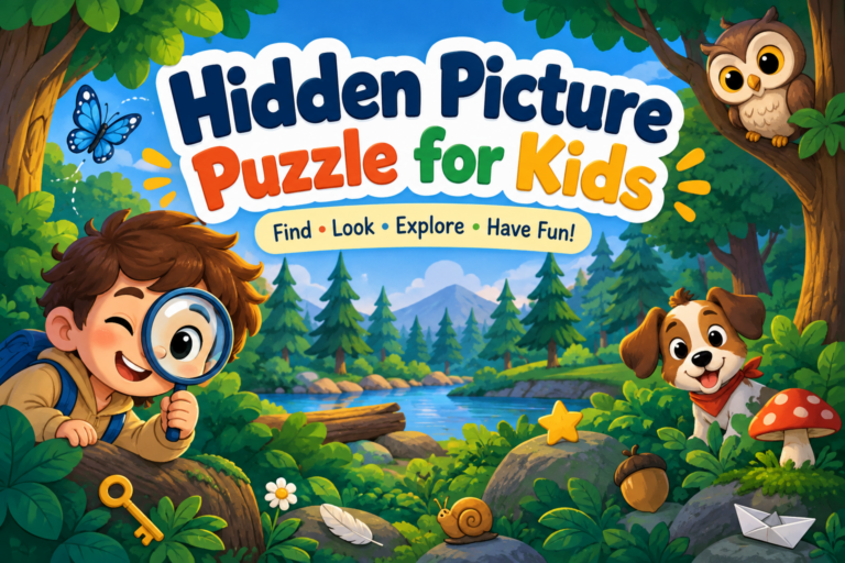 Hidden Picture Puzzle for Kids with hidden forest objects