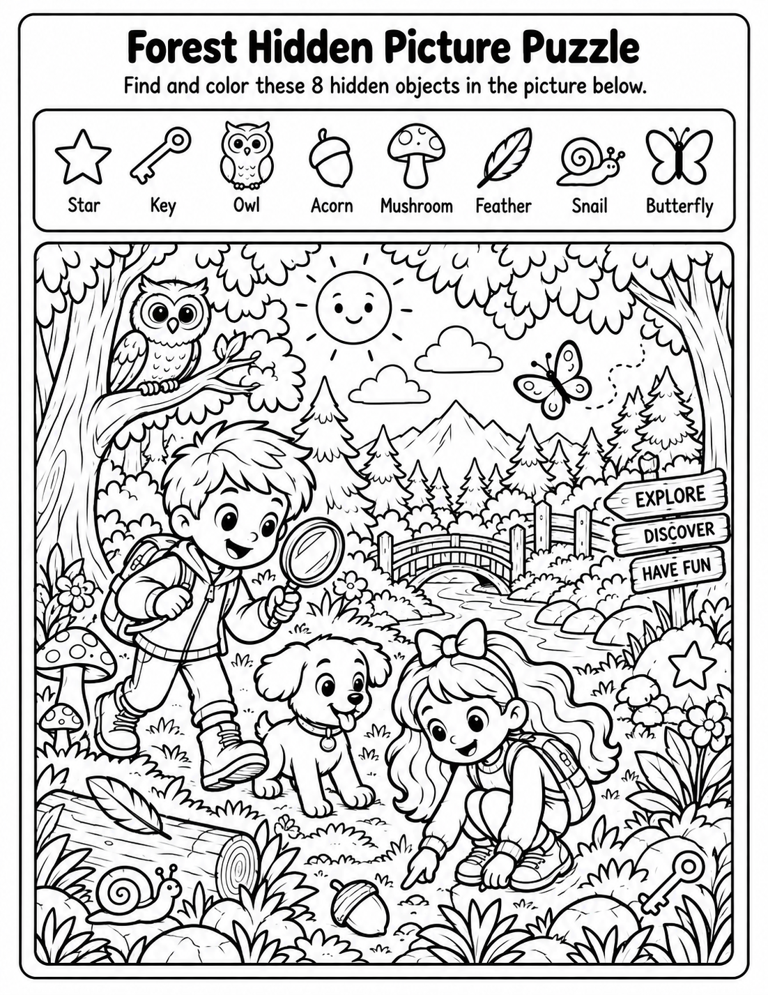 Forest hidden picture puzzle for kids printable