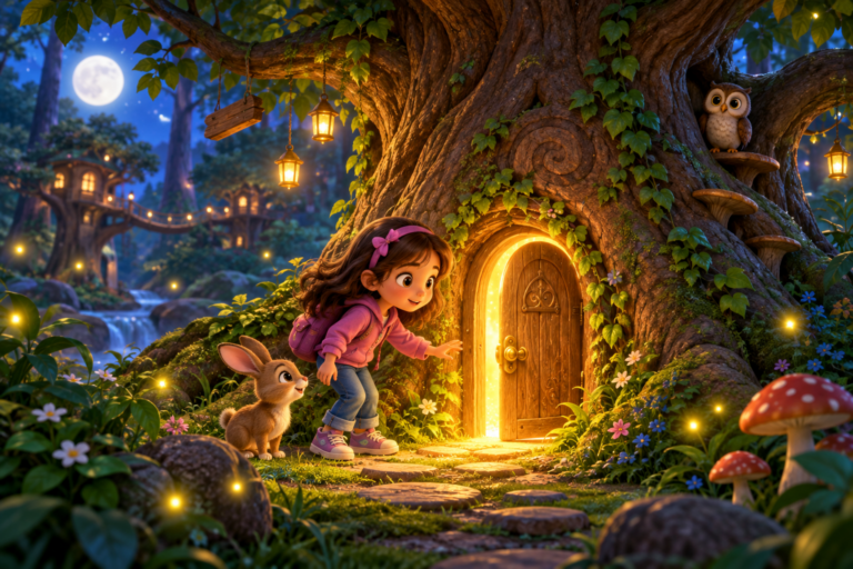 Interactive story for kids with Maya discovering a glowing secret door in the Story Tree