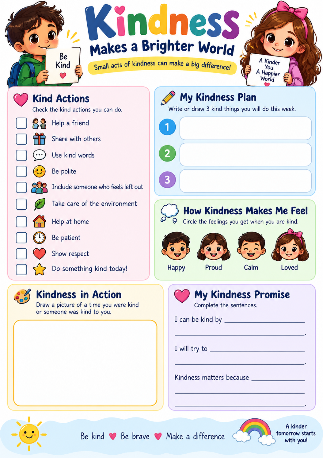 Free kindness worksheet for kids with kind actions and activities
