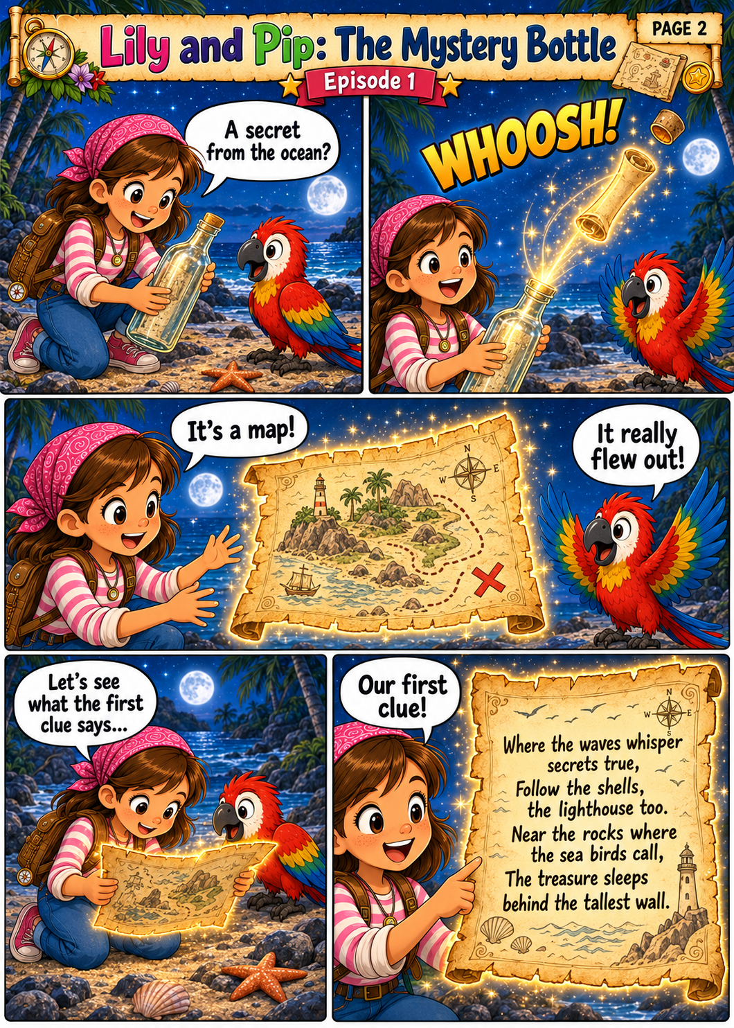 Lily and Pip open the mystery bottle and discover a glowing treasure map on page 2 of The Mystery Bottle comic episode