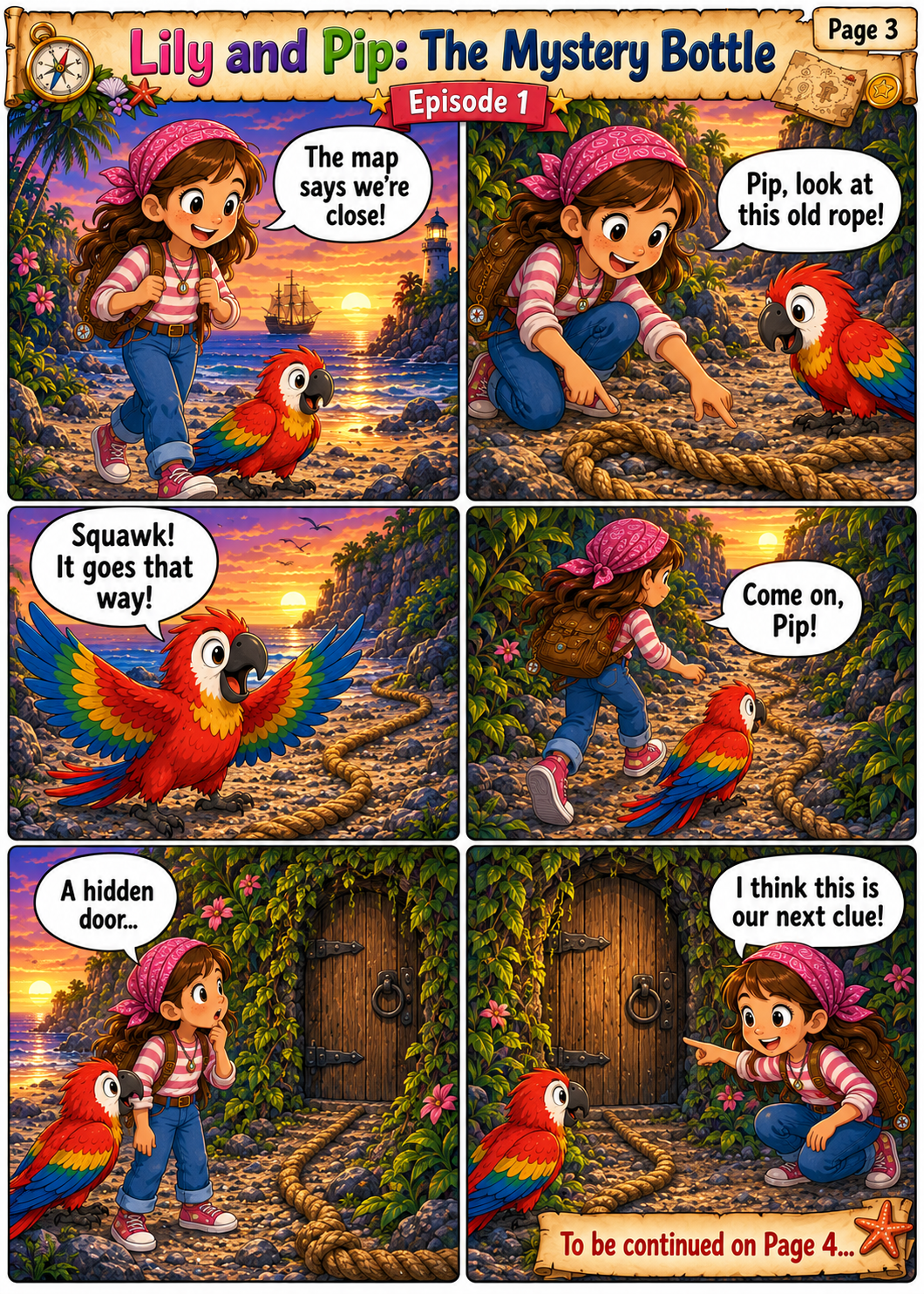 Lily and Pip follow the rope and discover a hidden door near the lighthouse on page 3 of The Mystery Bottle comic
