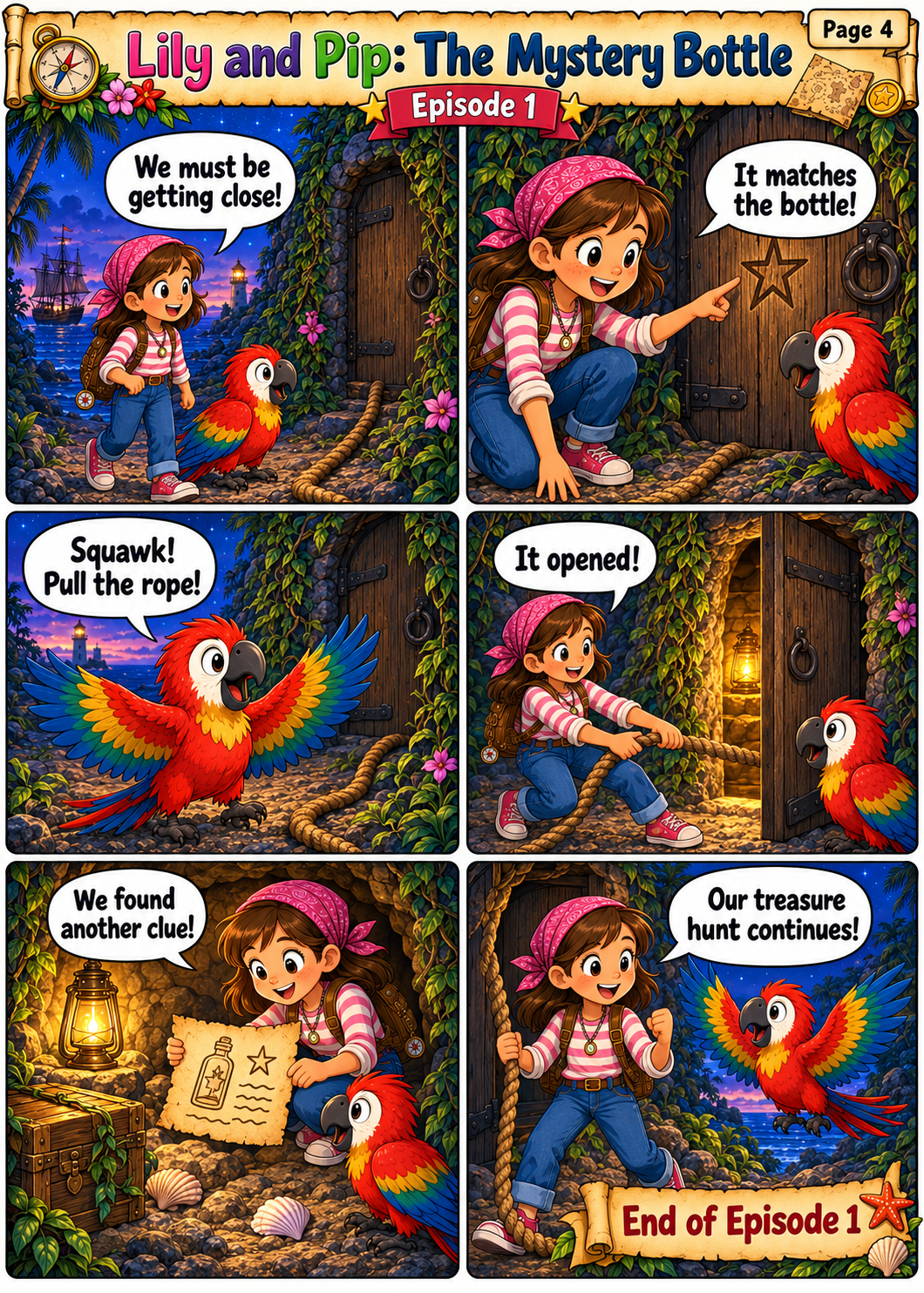 Lily and Pip open the hidden door and find another clue on page 4 of The Mystery Bottle comic