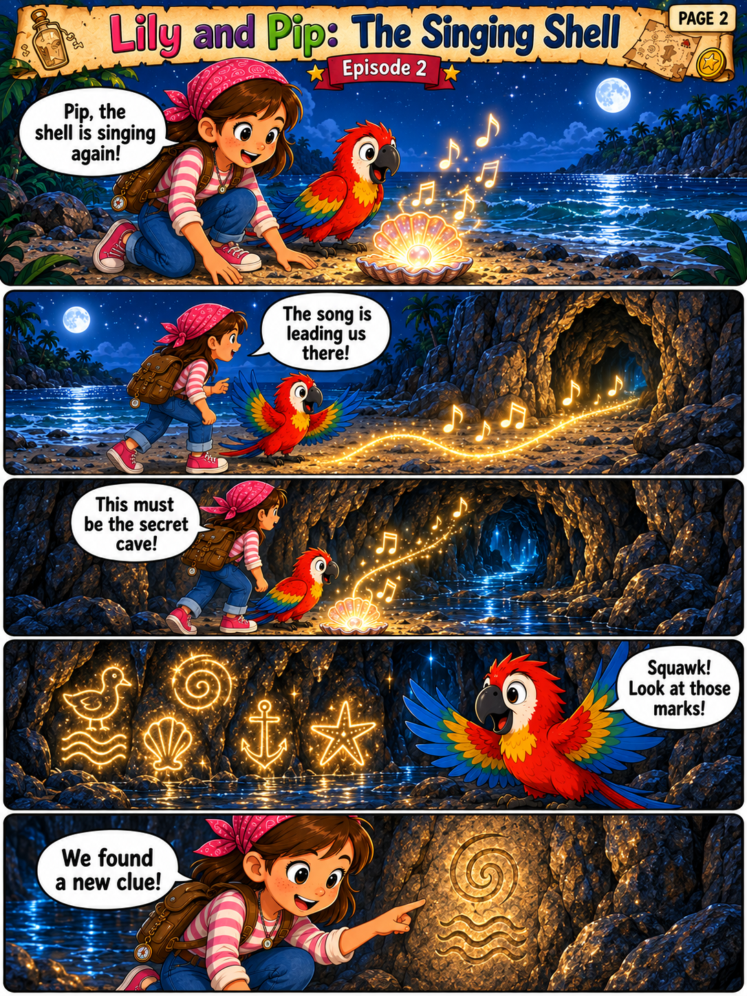 Lily and Pip follow the singing shell into a sea cave and discover glowing wall symbols on page 2 of The Singing Shell comic