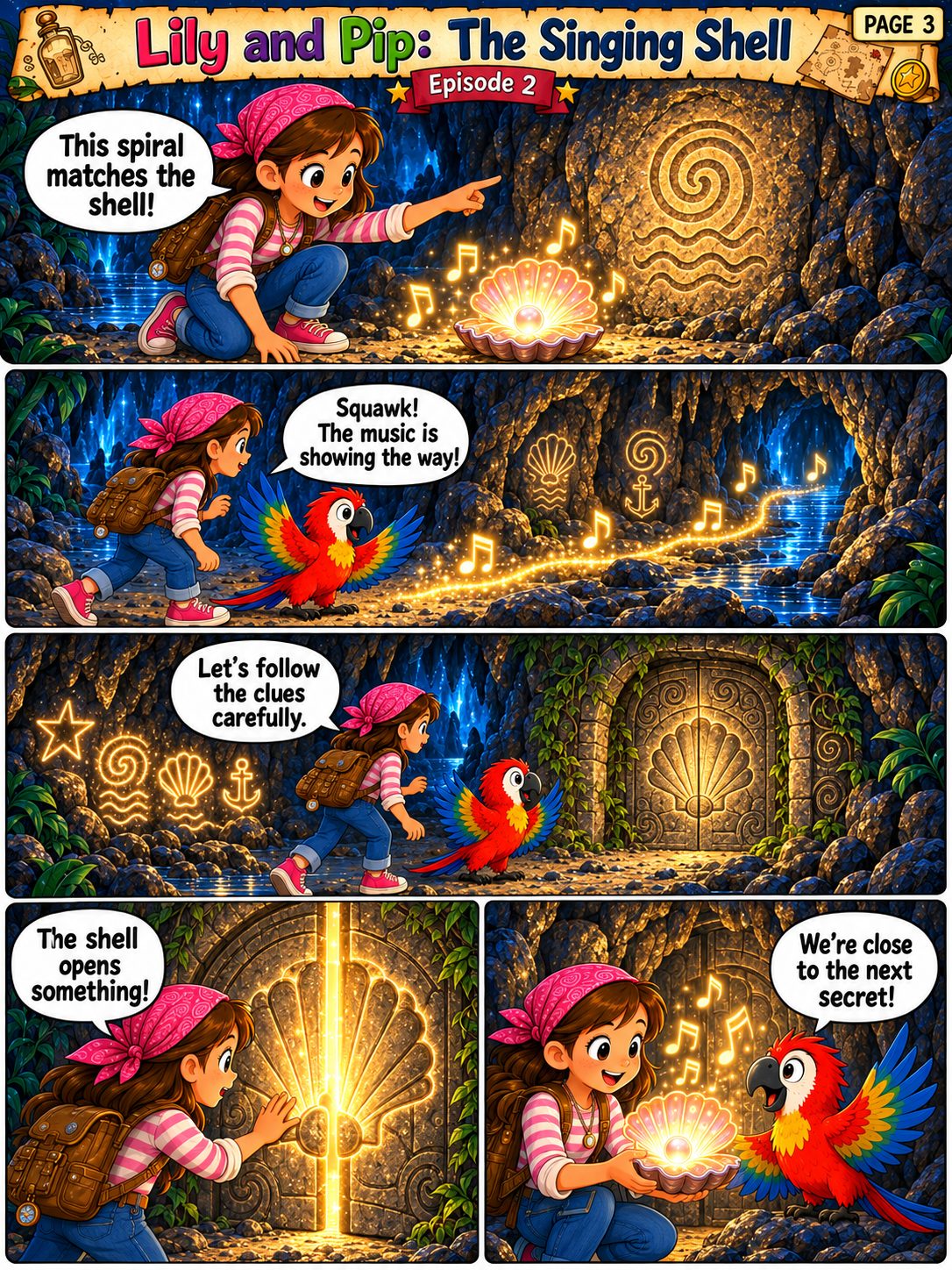 Lily and Pip discover glowing cave symbols that reveal the clue Follow the moonlit waves on page 3 of The Singing Shell comic