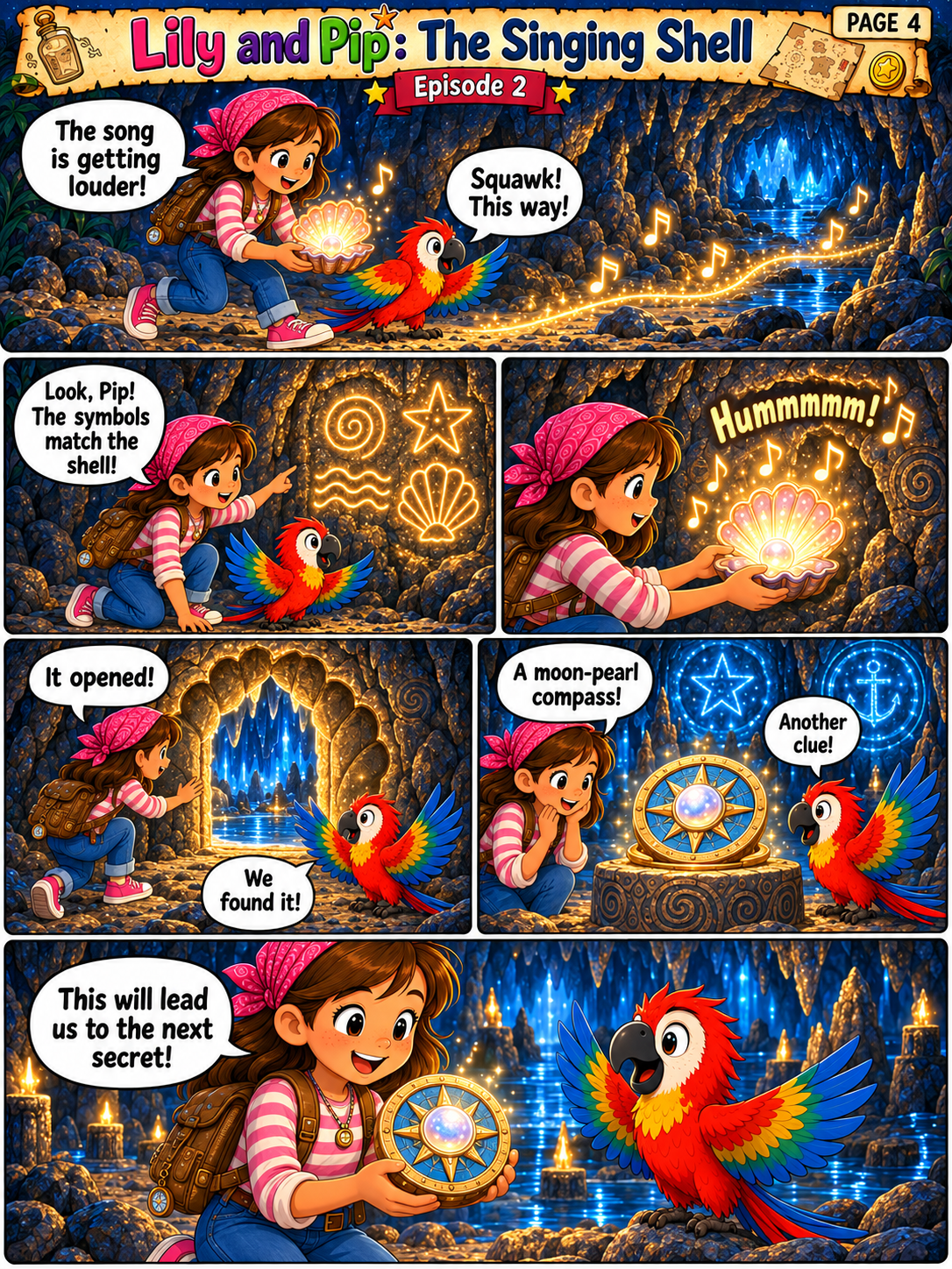 Lily and Pip find a moon pearl compass inside the sea cave on page 4 of The Singing Shell comic