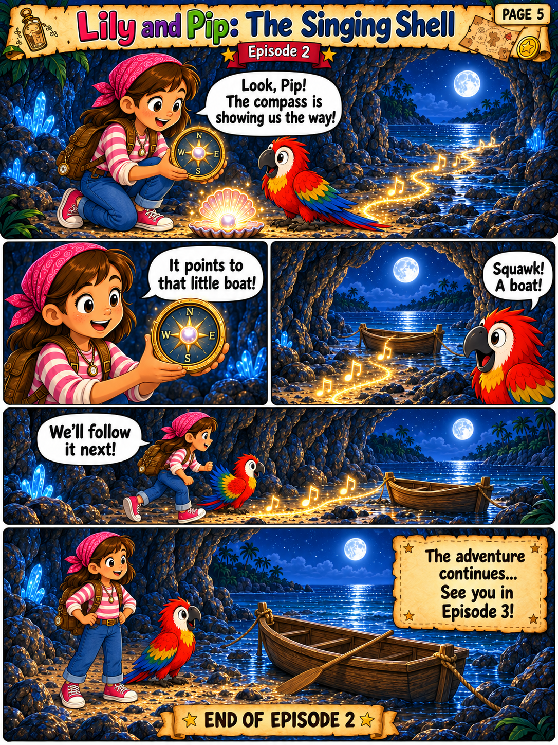 Lily and Pip continue their magical adventure after discovering a new clue inside the sea cave on page 5 of The Singing Shell comic