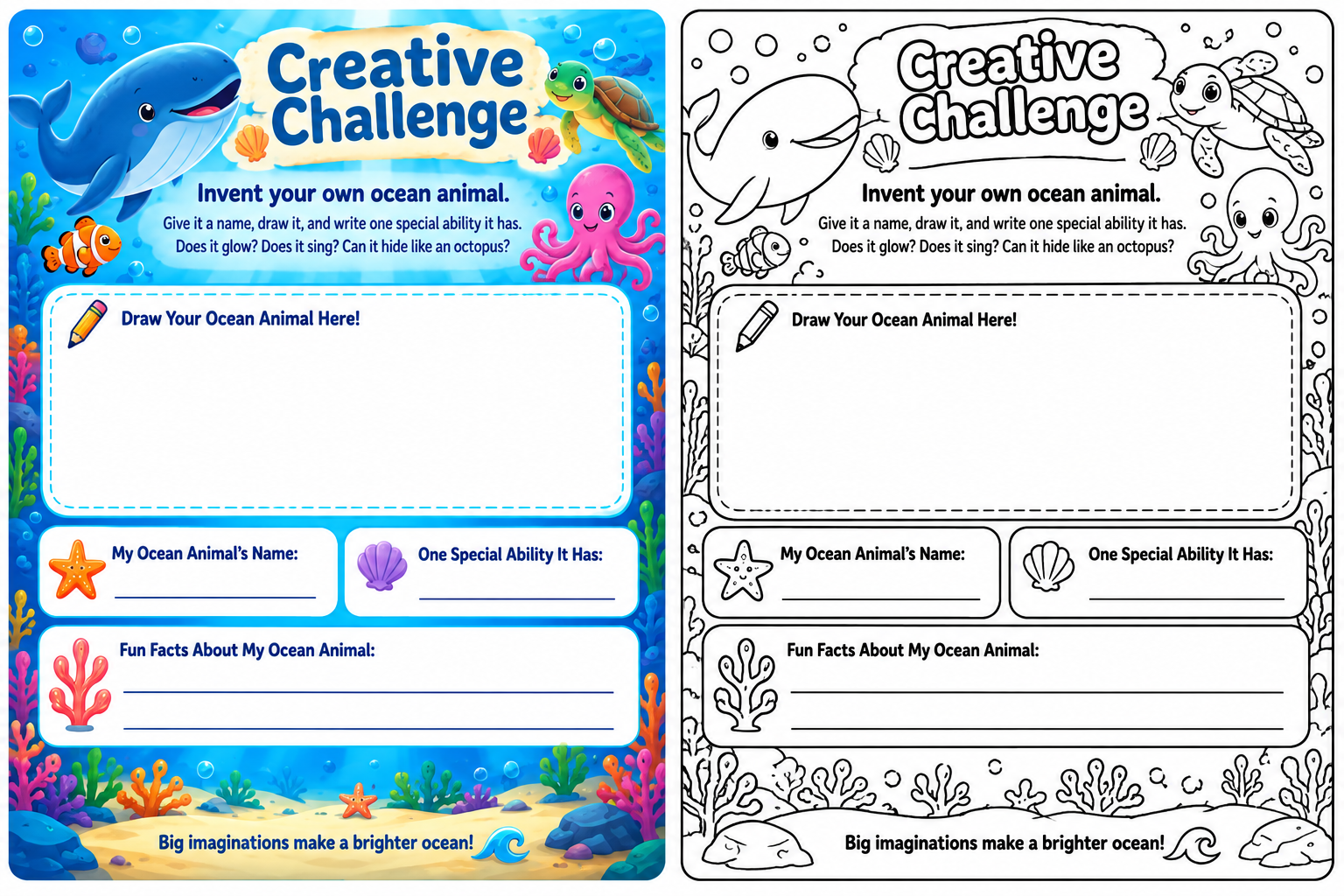 Ocean animal facts for kids creative challenge printable and coloring activity