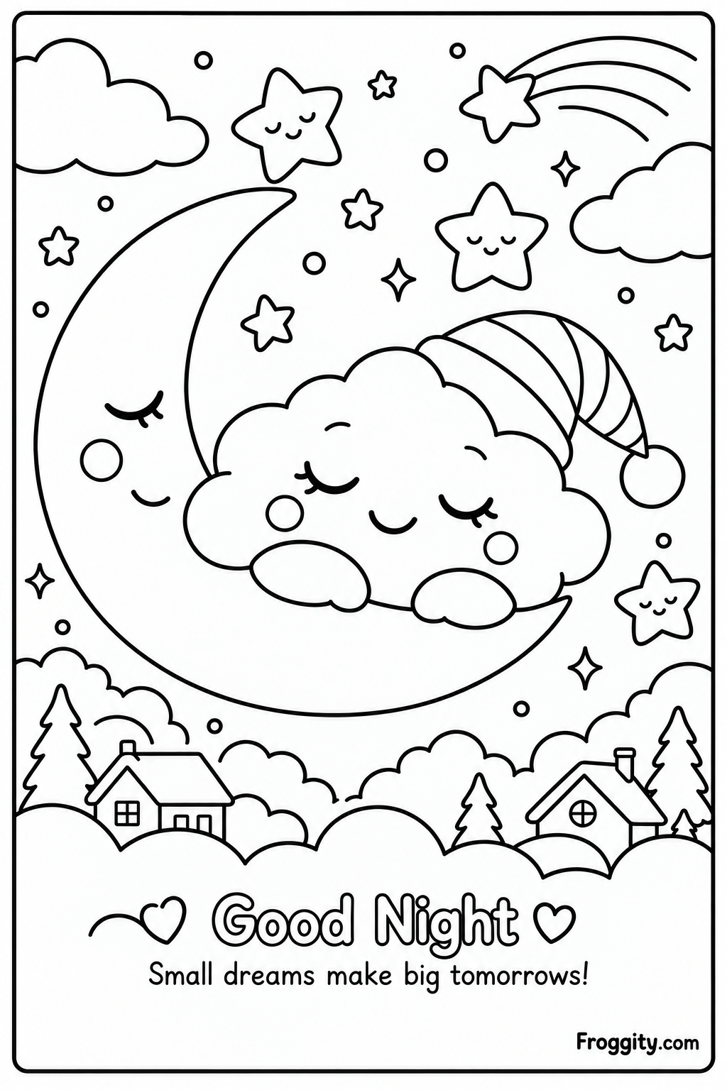 Sleepy cloud coloring page for kids resting on a crescent moon with stars and Good Night message