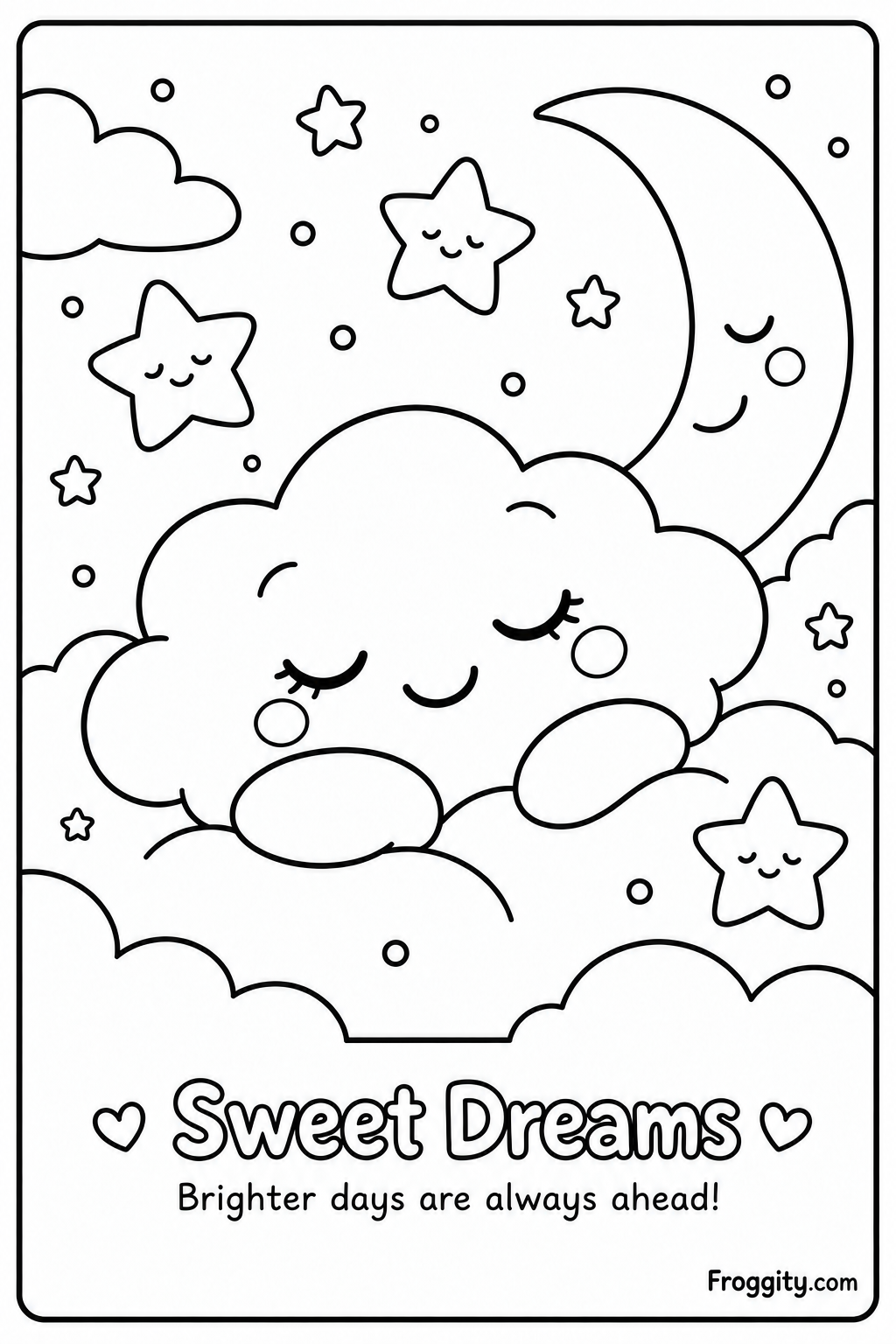 Sleepy cloud coloring page for kids with moon, stars and Sweet Dreams message
