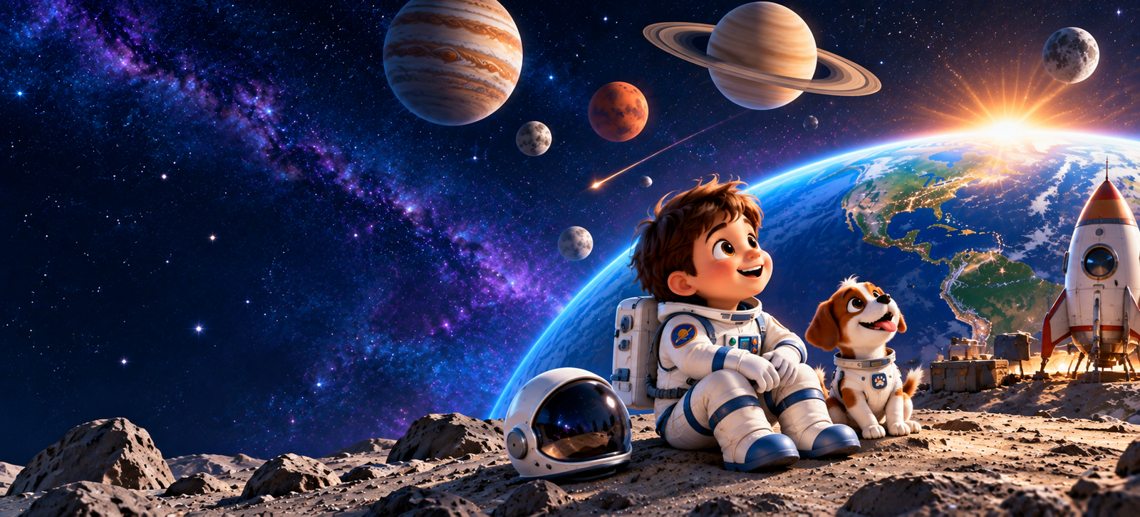 Space facts for kids - child astronaut and dog exploring space