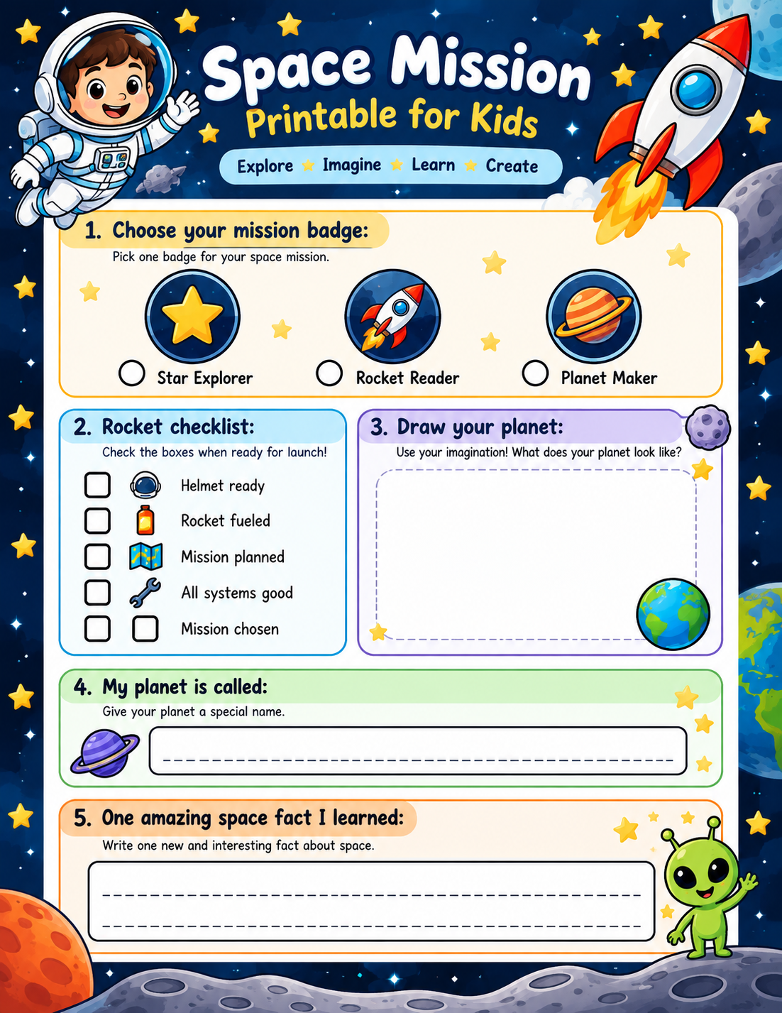 Space mission printable for kids with mission badge, rocket checklist, planet drawing and space fact activities